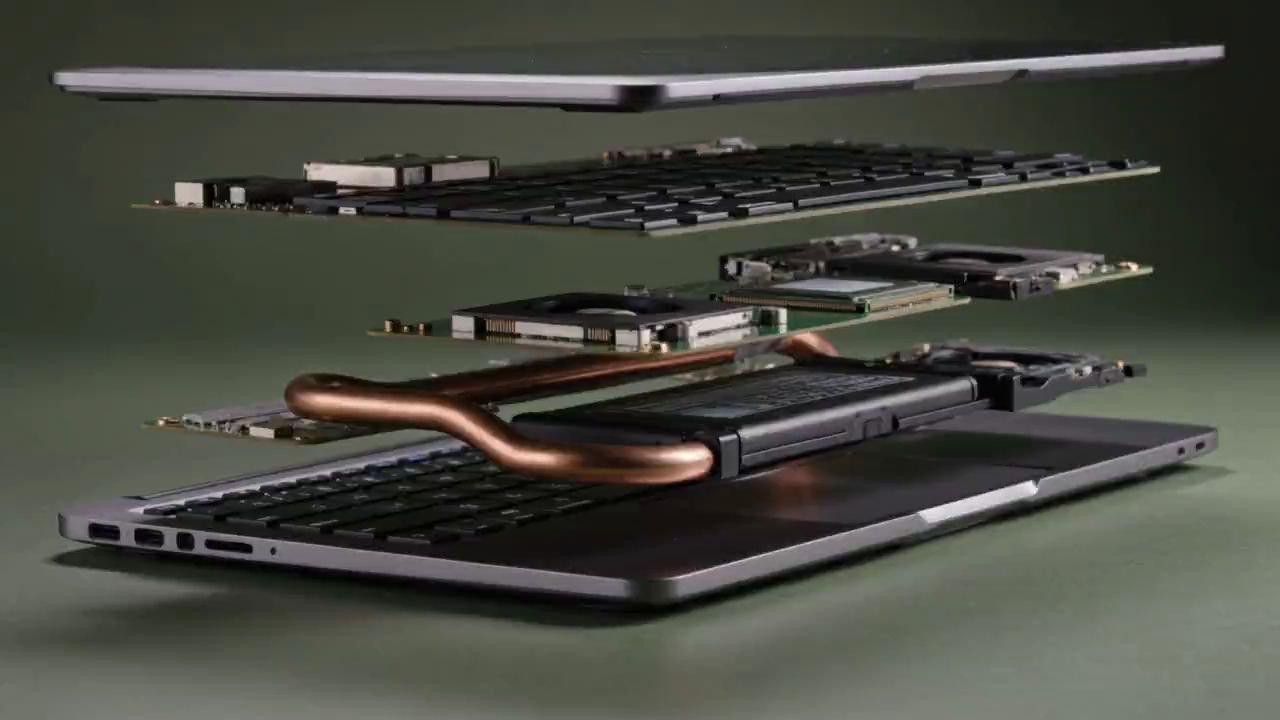 Laptop desfăcut complet în componente: capac, tastatură, baterie, cooler, placă de bază, RAM, SSD